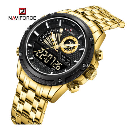Naviforce NF9205 Men Luxury Top Brand LED Waterproof Full Steel Quartz Digital Military Watch BLACK GOLD