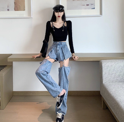 Jeans Women Straight Loose High Waist Slim Pants Thin Detachable Shorts