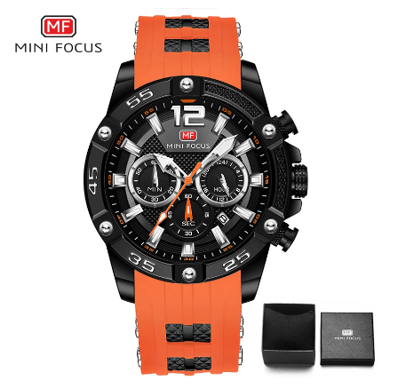 Mini Focus Watch Men Luminous Chronograph Waterproof Sports Silicone Analog Quartz Watch BLACK ORANGE