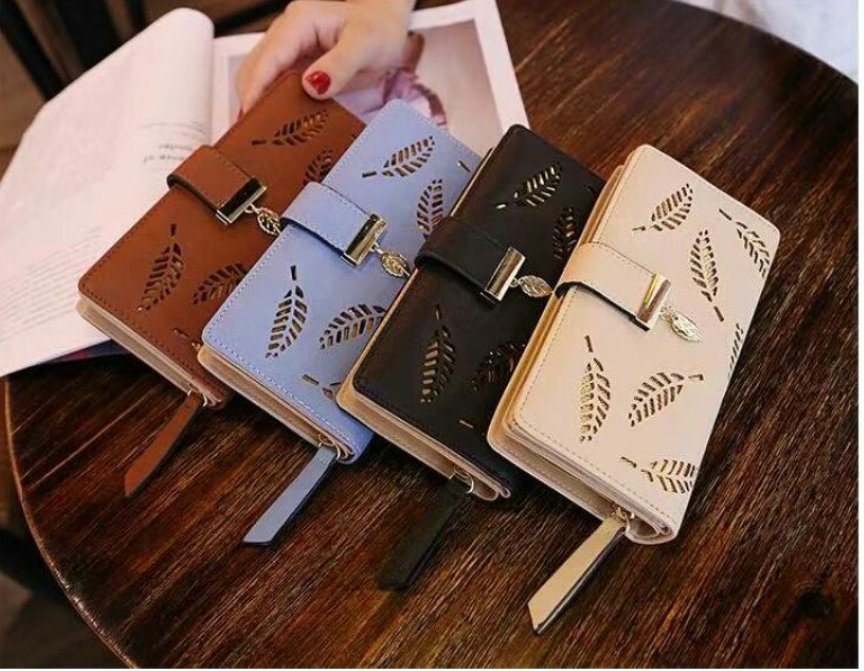Korean Women's Wallets Long Fashion Clutch Hollow Leaf Zipper Buckle Wallets Women's Bags