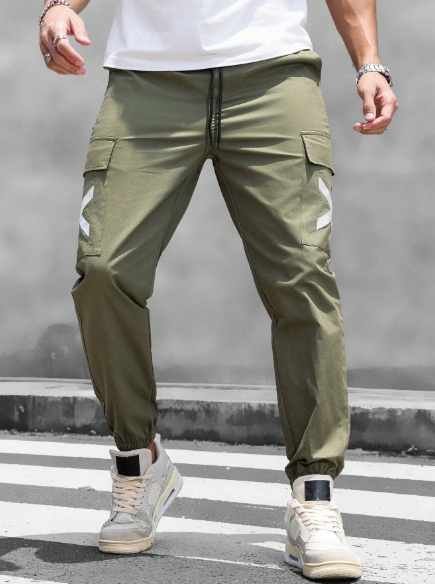 Manfinity Homme Men's Leisure Crossed Weave Belted Jogger Cargo Pants , Cargo Green , 100% Cotton