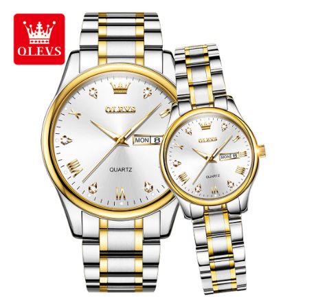Olevs Couple Watch For Men And Women Original Waterproof Stainless Business Quartz Fashion Luminous Wrist Watch WHITE DIAL TWO TONE