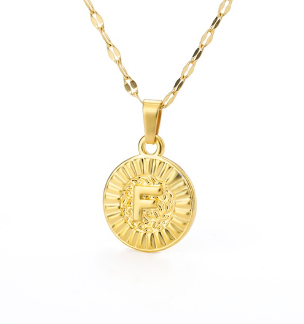 Maxzone A-Z Initial Round Letter Pendant Necklace For Women Stainless Steel Gold Choker Coin Letter Necklace F