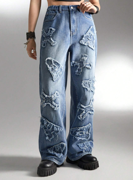 SHEIN TEEN GIRL Y2K Street Cool Stone Washed Letter Patch Elastic Waist Loose Straight Leg Jeans