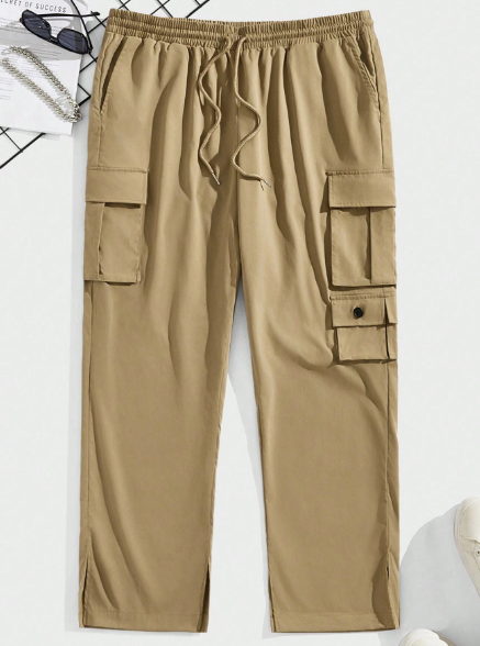 Manfinity LEGND Men Plus Size Loose Casual Pants With Drawstring Waist, Workwear Pockets, Daily Wear