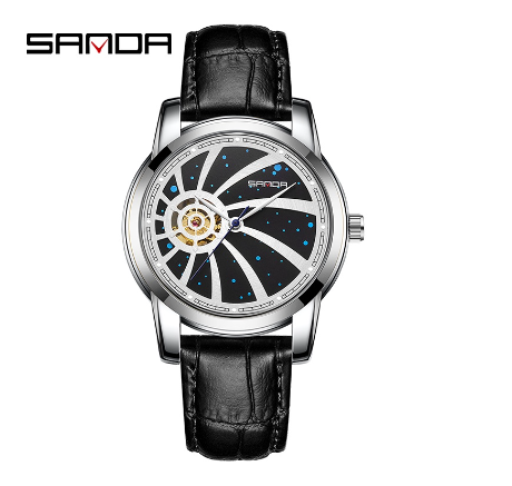 Sanda Official Star Sky Fully Automatic Mechanical Steel Band Watch Men's Glow Swimming Watch  SILVER BLACK LEATHER STRAP