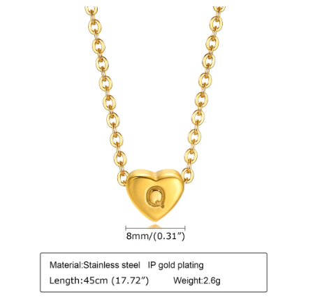 MG A-Z Letter Necklace, Lovely Cute Heart Letter Necklace, Necklace Gift Jewelry, Gold Stainless Steel Q