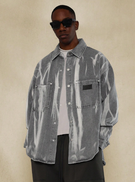 SUMWON Oversized Fit Tie-Dye Curve Denim Shirt