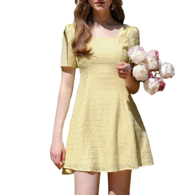 Lovito Women Casual Plain Jacquard Puff Sleeve Dress LBE04125 (Light Yellow)