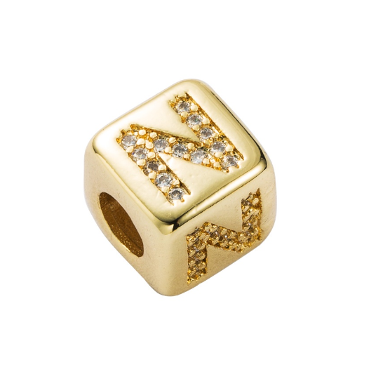 Gold Rhinestone Letters Cube Charm for Bracelet Necklace A-Z Alphabet Dice Beads N
