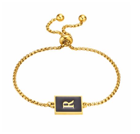Vnox Initial Letter Black Bracelet,Gold Tone A-Z 26 Alphabet Charms Chain with Ball Clasp,Luxury Gifts for Women R