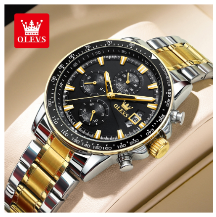 Olevs Watch For Men Waterproof Original Quartz Luminous Calendar Stainless Steel Watch BLACK DIAL TWO TONE CASE