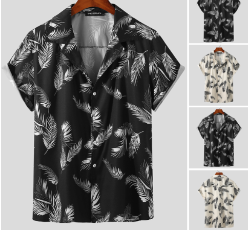Men Summer Soft Fashion Leave Printed Short Sleeves Lapel Shirt