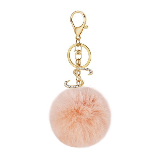 New 26 Letter Rhinestone Alloy Keychain Charm Girls Pink Pompom Key Ring Car Key Holder Women Bag Ornaments Accessories S