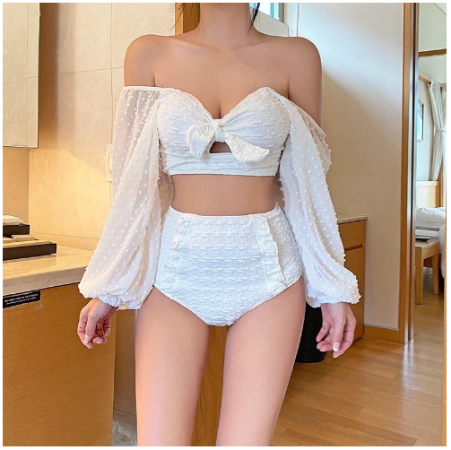 Korean Two-Way Off Shoulder See Through Long Sleeves & Sexy Back Lace High Waist Two Piece Swimsuit