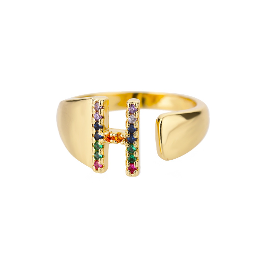 Maxzone Fashion Colorful Chunky Wide Letter A-Z Rings For Women Gold Opening Initial Letter Ring Femme Wedding Party Jewelry H