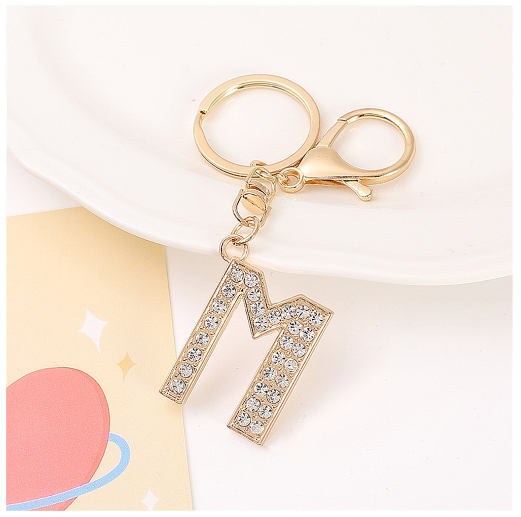 Simple Rhinestone 26 Letter Keychain Gold Color A-Z Initials Metal Keyrings For Women Car Keyholder Accessories Birthday Gifts M