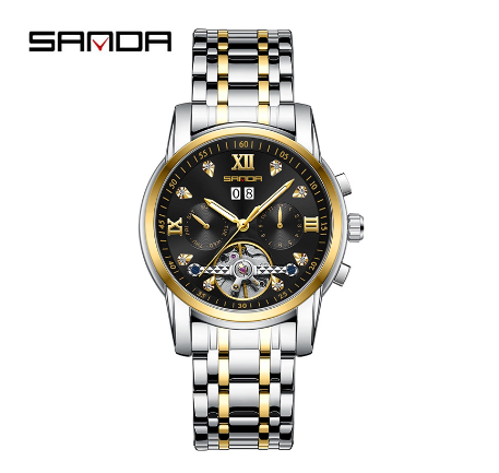 Sanda Official Fully Automatic Mechanical Steel Band Watch Fashion Hollow-out Men's Luminous Swimming Watch GOLD BLACK