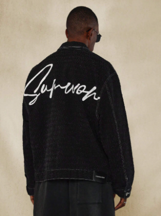 SUMWON Oversized Black Denim Jacket With Contrast Stich And Graphic Print