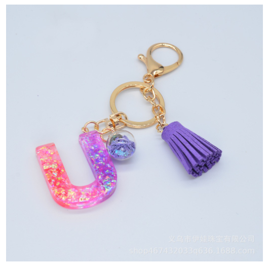 Cute Creative 26 Letter Alphabet Crystal Glitter Resin Keychain Women Tassels Keyring Car Key Holder Bag Charms Accessories U