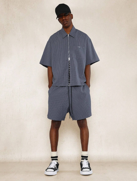 SUMWON Boxy Fit Zip Through Textured Shirt And Short 2 Piece Set
