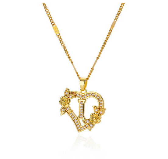 Zircon Stainless Steel Heart Flower Letter Necklaces For Women Gold Color A-Z Letter Heart Necklace I