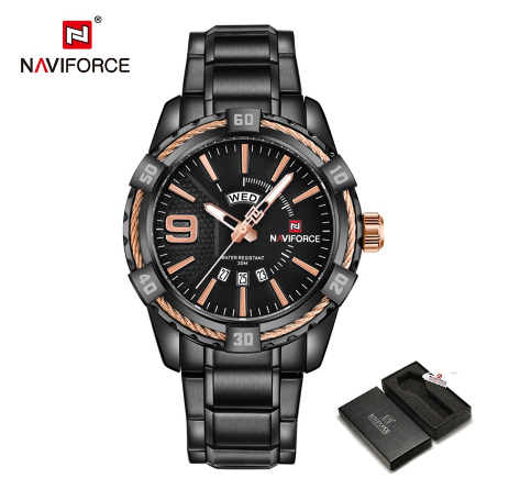 Naviforce NF9117 Men Original Brand Stainless Steel Fashion Sport Full Steel Quartz Waterproof Gold With Original Box Watch M2