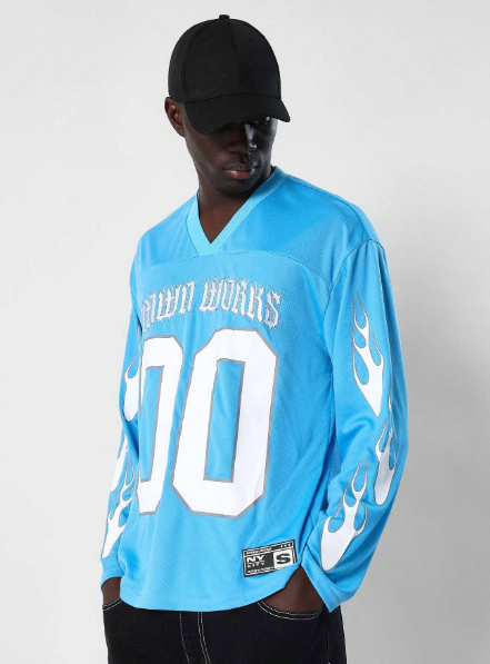 SUMWON LS Hockey Tee With Sleeve Flame & Number Graphic Print, Embroidered Letter