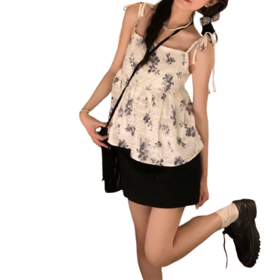 Lovito Women Casual Ditsy Floral Lace Up Pleated Tank Top LNE34121 (White)