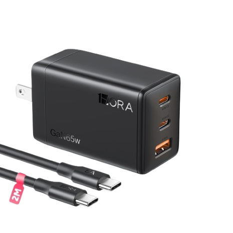 1HORA 65W GaN Charger PD Super Fast Charging Type-C Charger for Android iPhone Universal Foldable 3 Ports Adaptor 65 Watts QC3.0 Quick