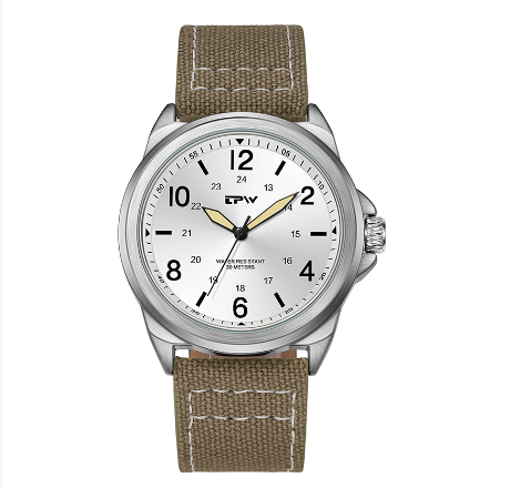 TPW Classic Field Men Watch Fabric Strap Stitched Leather Band Wristwatch 42mm Dial Watch KHAKI WHITE