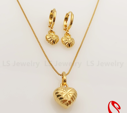 LS jewelry 24K Bangkok Gold Heart Necklace Earring Jewelry Set