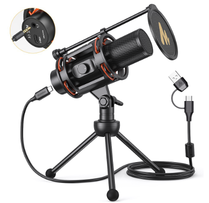 Maono AU-PM471TS USB Microphone Condenser Microphone Gaming Mic Computer Mic with Gain knob,type-C interface and 3.5mm