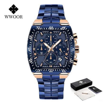 Wwoor Luxury Square Watch Men Military Steel Gold Black Quartz Waterproof Sports Chronograph Wristwatch BLUE ROSEGOLD COMBINATION