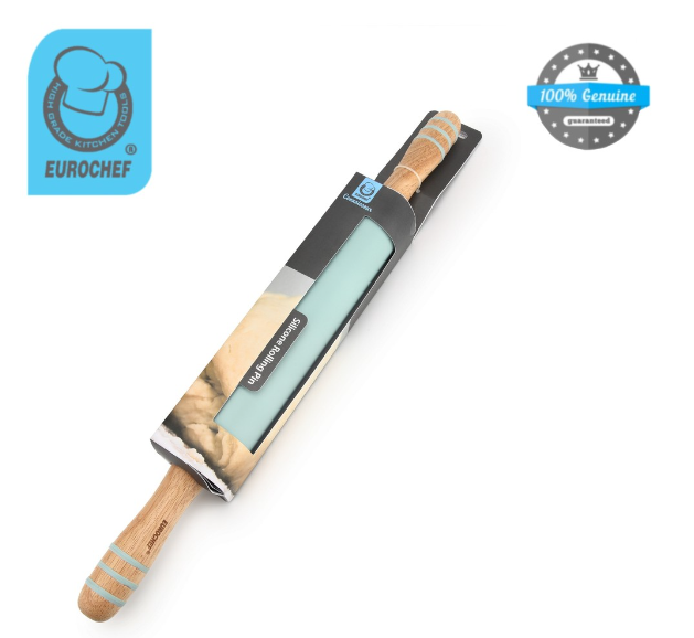Eurochef D027 Non Stick Silicone Rolling Pin w Wooden Handle for Baking Dough Roller Fondant Cake