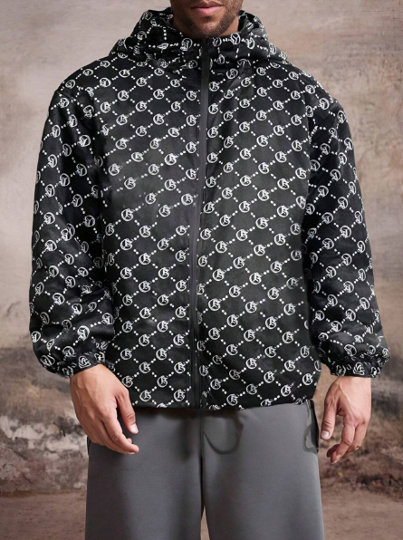 Men's Front Zip-Up Long Sleeve All-Over Print Hooded Jacket, Casual Everyday