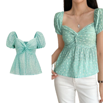 Lovito Women Casual Ditsy Floral Twist Ruffle Hem Puff Sleeve Blouses L71ED003 (Light Blue)