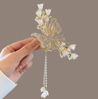 Flower Butterfly Rhinestone Pearl Tassel High-End Feel Large Back Head Clamp