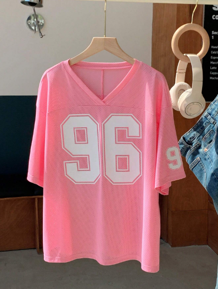 SHEIN EZwear Women Number Graphic Sports Casual V Neck T-Shirt