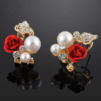 Pair Elegant Rose Flower Rhinestone Bead Butterfly Stud Earrings