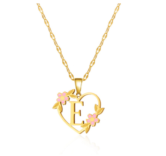 18K Gold Non Fading Letter Necklace Stainless Steel Personalized Initial A-Z Pendant Flower Non Black Necklace Jewelry Gift for Women Girlfriend E