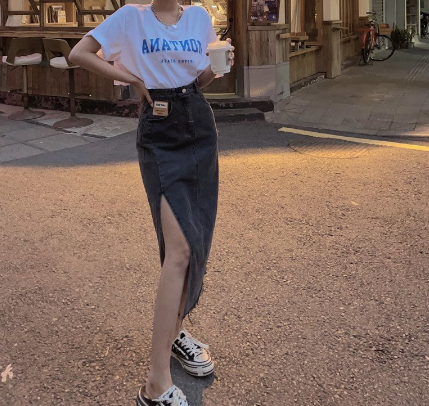 Women Casual High Waist Sexy Split Long Denim Skirt