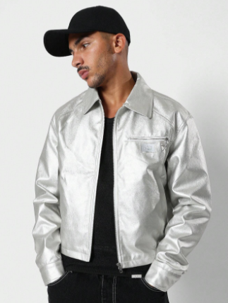 SUMWON Cropped Metallic Worker Jacket With Patches Halloween