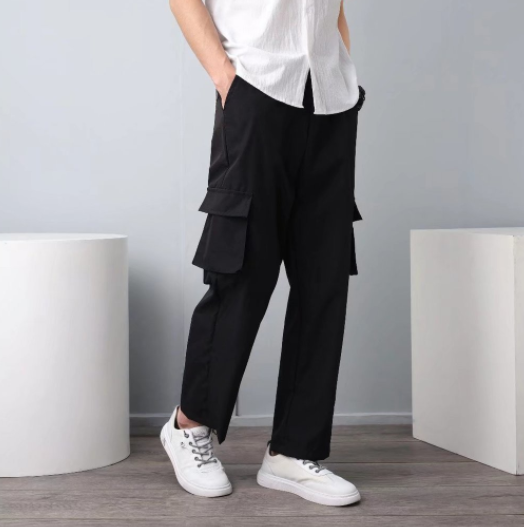 Black Cargo Pants For Men Plus Size Loose Straight Cut 6 Pocket Tactical Kargo Jogger Baggy Long Pants Man M-5XL