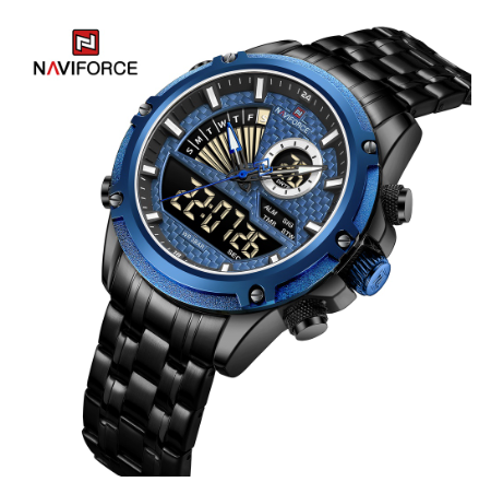 Naviforce NF9205 Men Luxury Top Brand LED Waterproof Full Steel Quartz Digital Military Watch BLUE BLACK