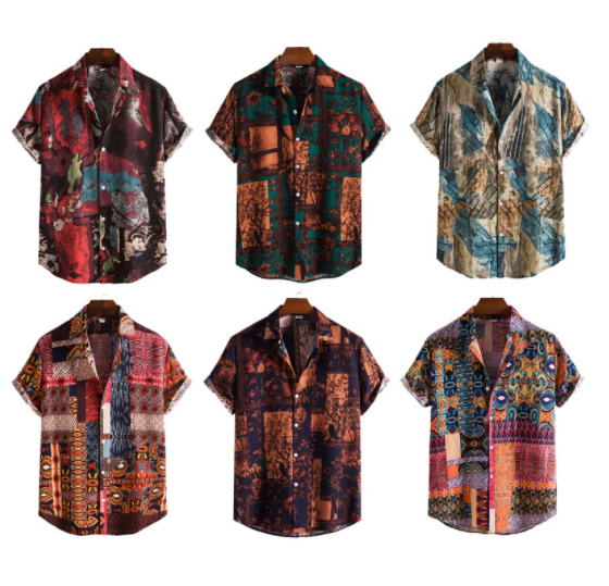 Summer 2022 New Men's Cotton and Linen Vintage Trend Floral Short Sleeved Shirts Lapel Button Up Casual Loose Printed Polo Shirts Plus Size