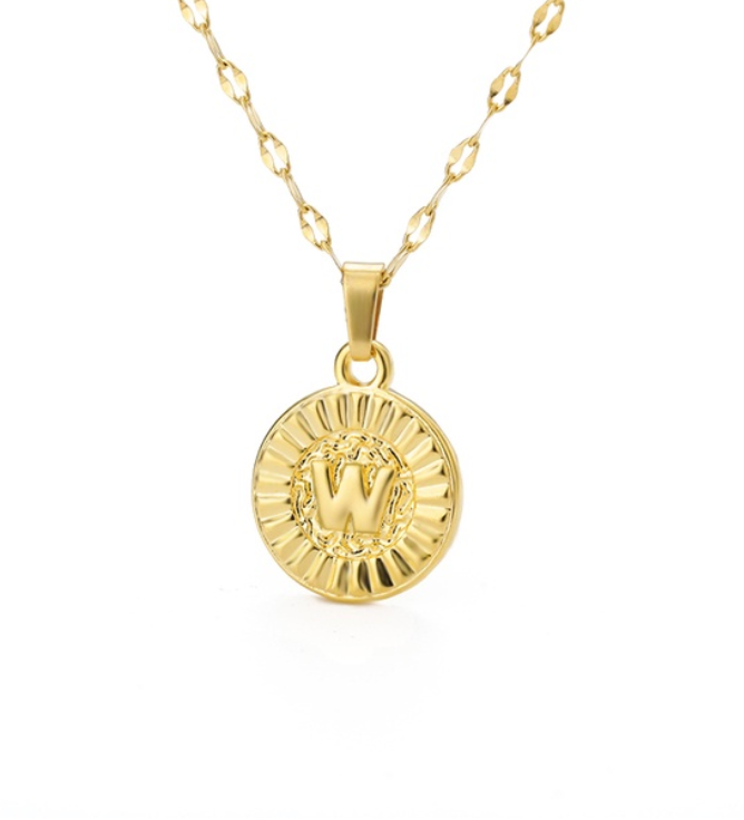 Maxzone A-Z Initial Round Letter Pendant Necklace For Women Stainless Steel Gold Choker Coin Letter Necklace W