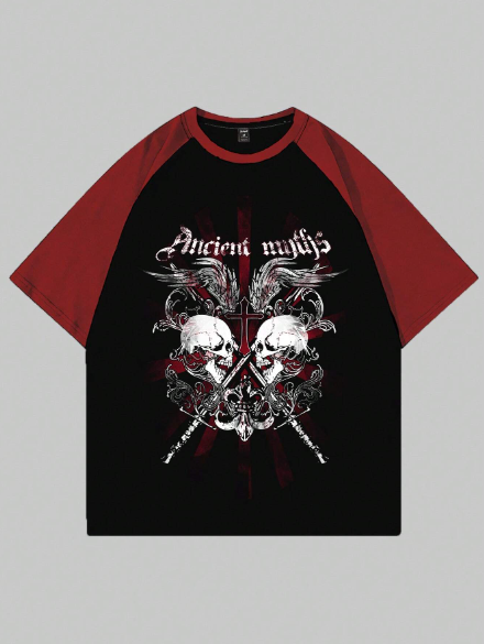 ROMWE Goth Men's Summer Casual T-Shirt With Color-Blocking Design, Skull & Letter Printed Short Sleeve Tee