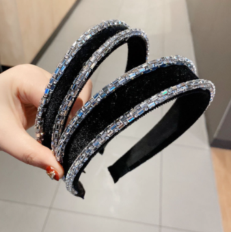 Korean Black Velvet Crystal Beads Headband Diamond Rhinestone Wide Hair Band Hair Accessories