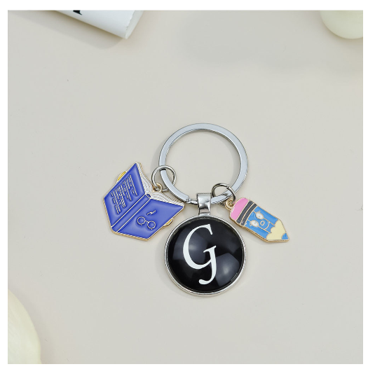 1Pcs Simple Glass 26 Letter Keychains Fashion Book Pencil A-Z Initials Keyrings Student Gifts Souvenir Handbag Pendant Ornament G